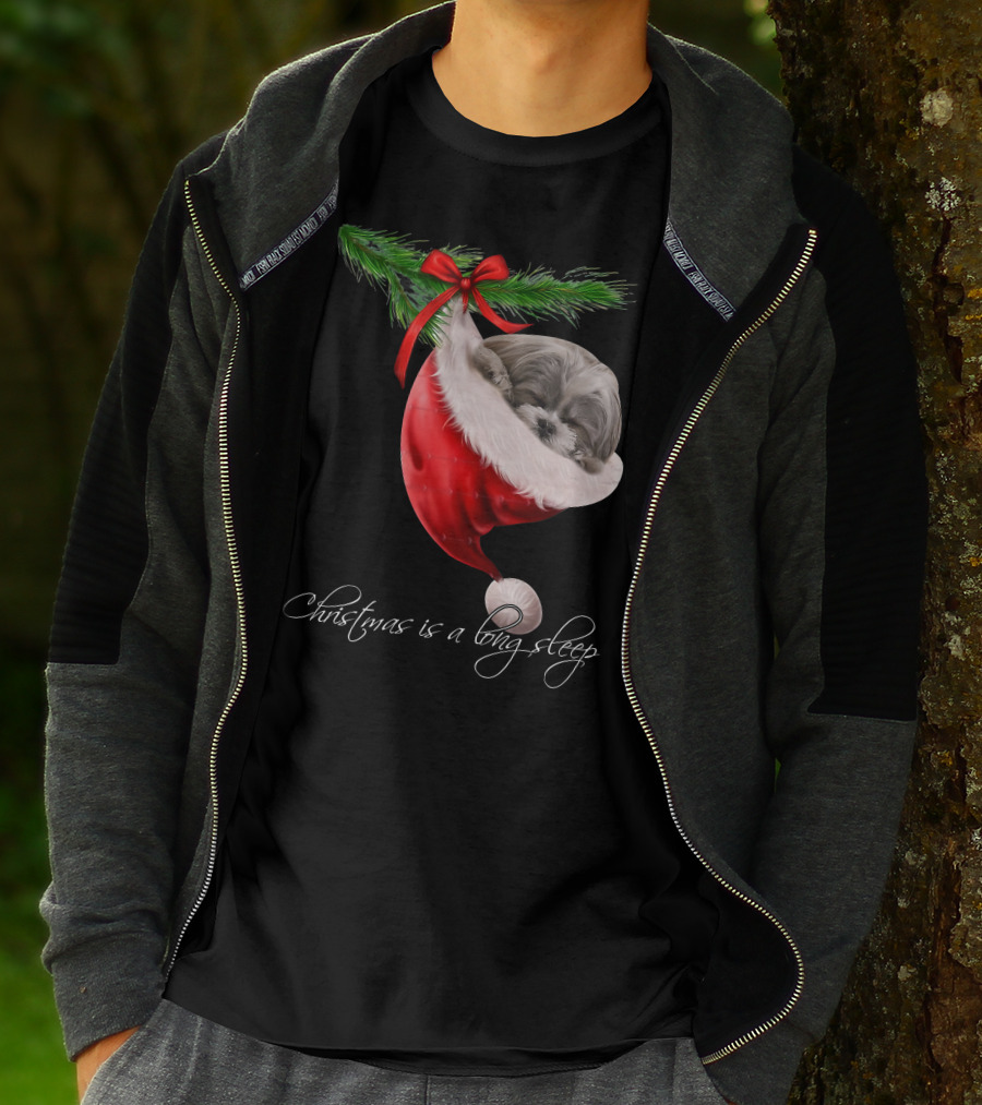 Shih Tzu Sleeping In Santa's Hat Christmas Is A Snuggly Dream T-Shirt