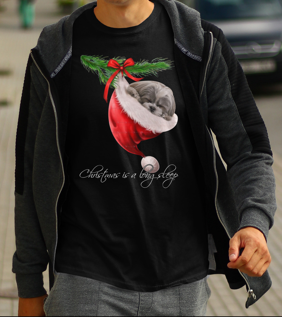 Shih Tzu Sleeping In Santa's Hat Christmas Is A Snuggly Dream T-Shirt