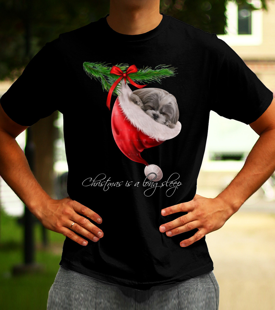 Shih Tzu Sleeping In Santa's Hat Christmas Is A Snuggly Dream T-Shirt