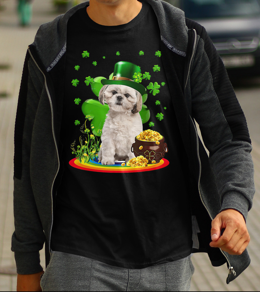 Shih Tzu Irish Shamrock St Patricks Day Lover With Pot Of Gold T-Shirt