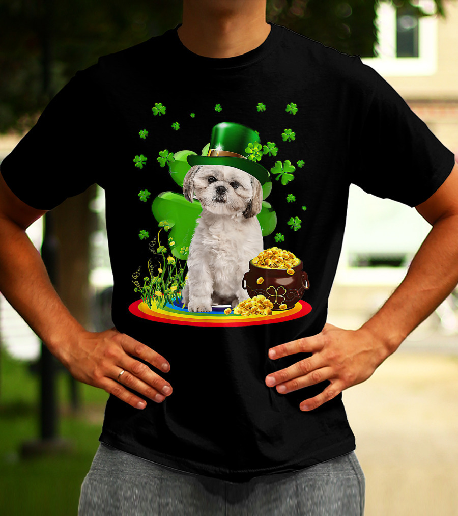 Shih Tzu Irish Shamrock St Patricks Day Lover With Pot Of Gold T-Shirt