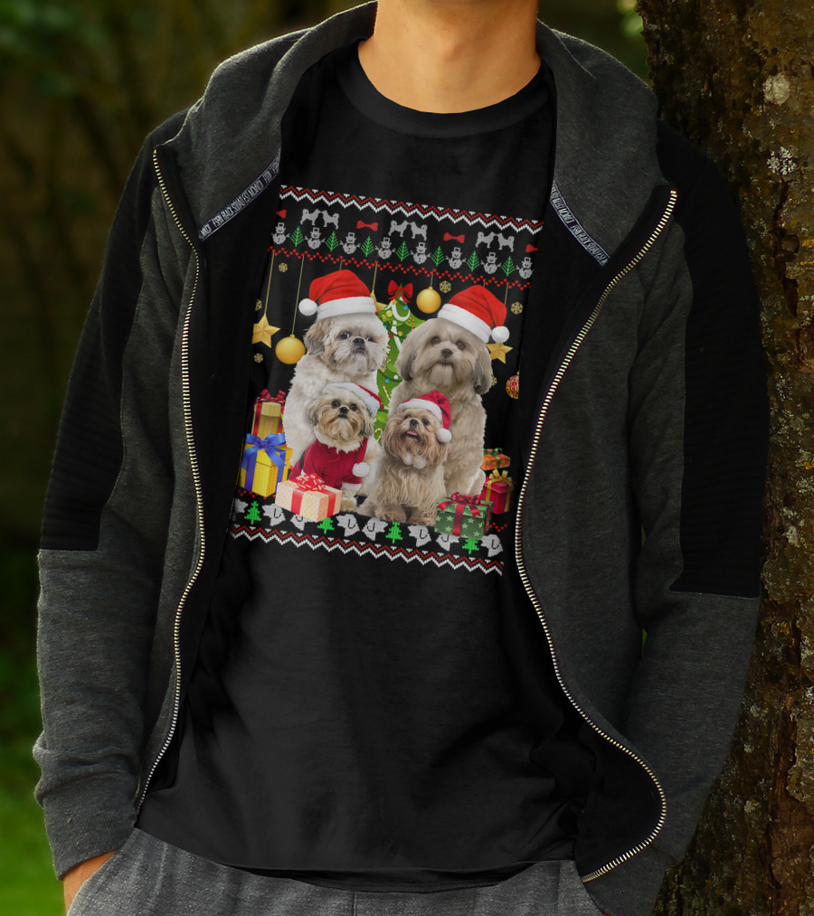 Shih Tzu Santa Hat Christmas Sweater Puppies And Presents T-Shirt