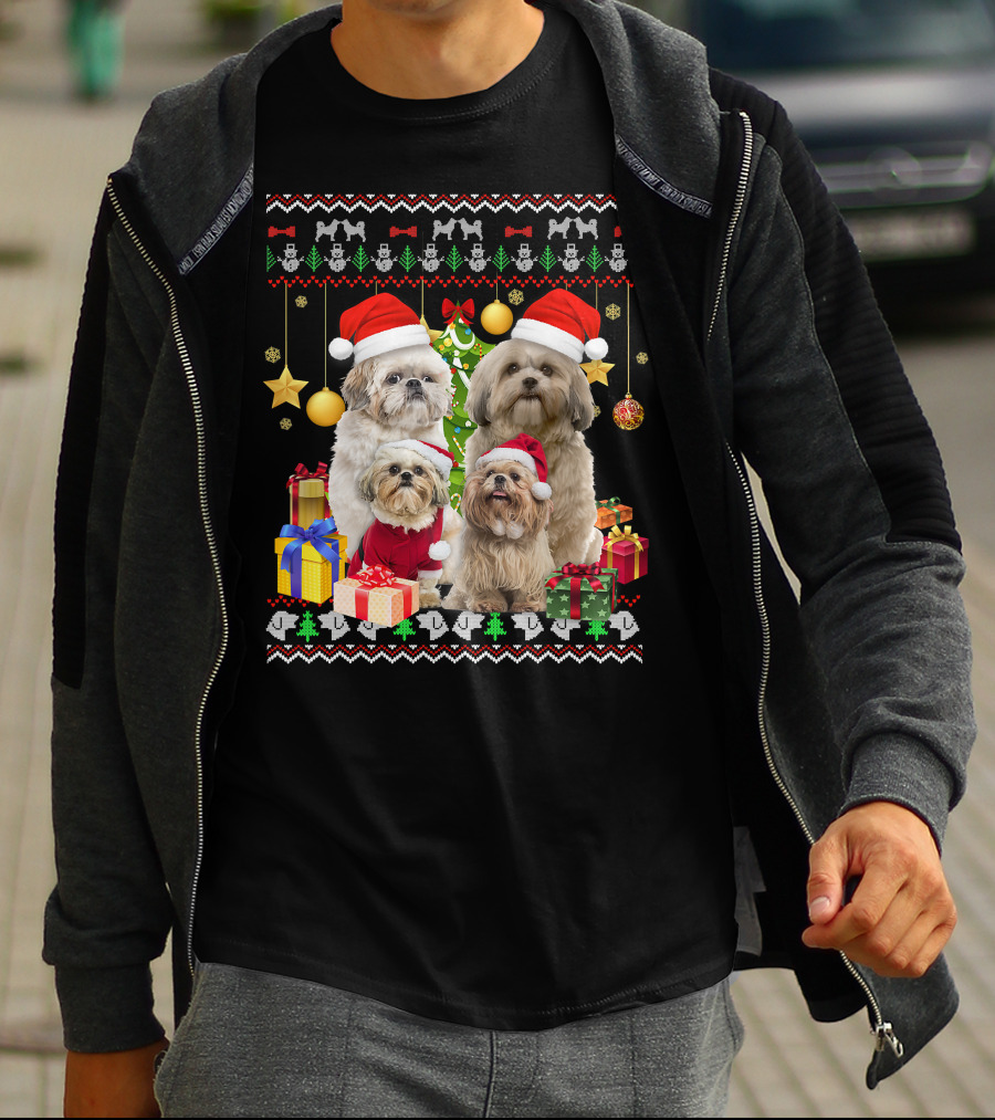 Shih Tzu Santa Hat Christmas Sweater Puppies And Presents T-Shirt