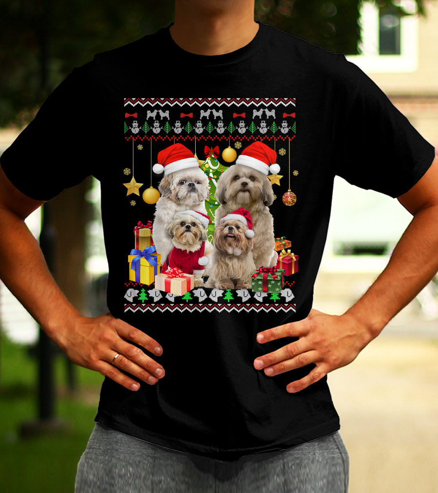 Shih Tzu Santa Hat Christmas Sweater Puppies And Presents T-Shirt