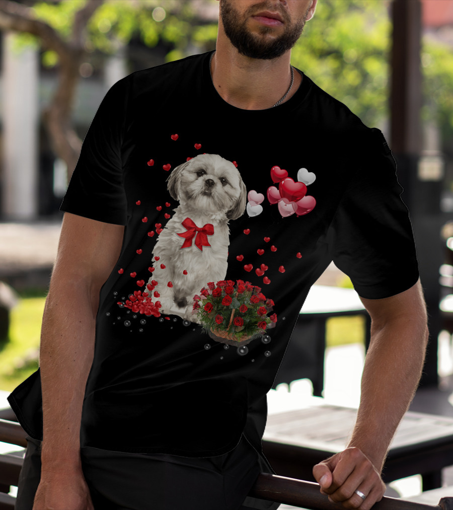 Shih Tzu Valentines Day Funny Dog Lover Happy Vale Roses Hearts Balloons T-Shirt