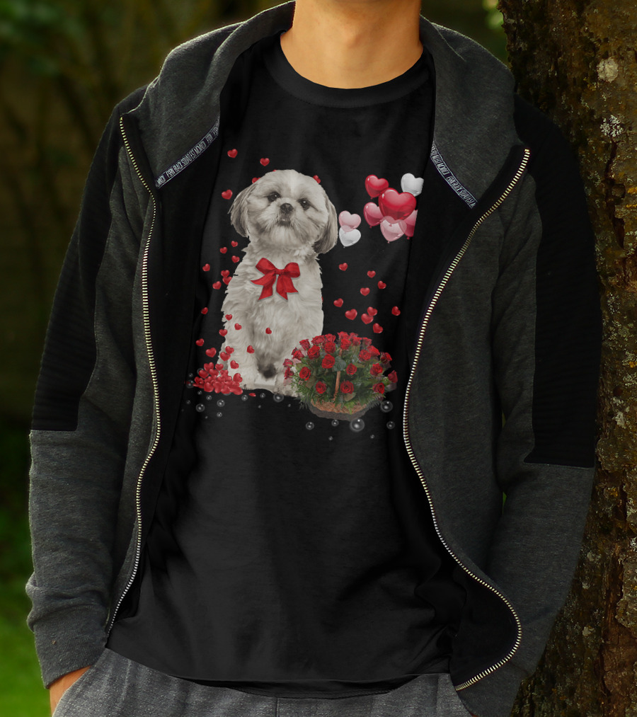 Shih Tzu Valentines Day Funny Dog Lover Happy Vale Roses Hearts Balloons T-Shirt