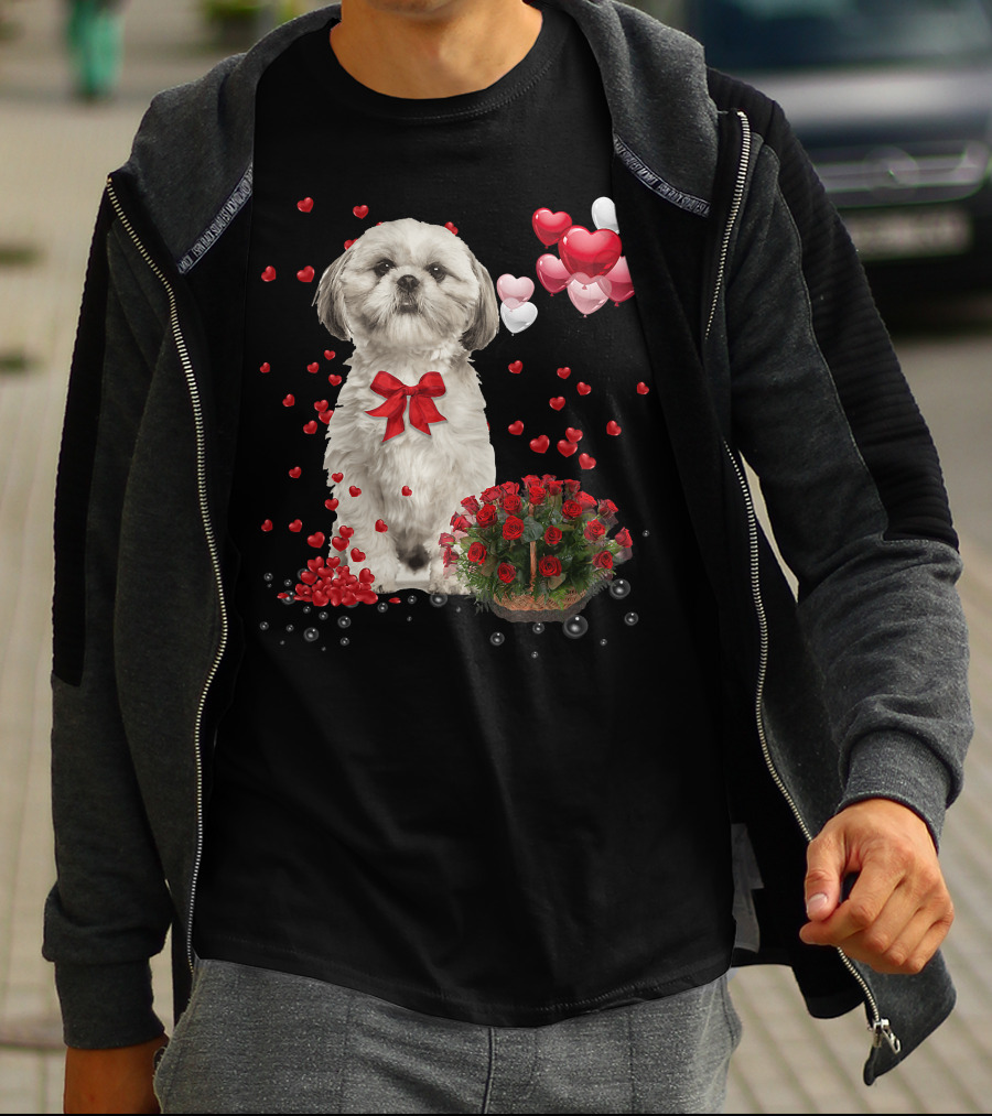 Shih Tzu Valentines Day Funny Dog Lover Happy Vale Roses Hearts Balloons T-Shirt