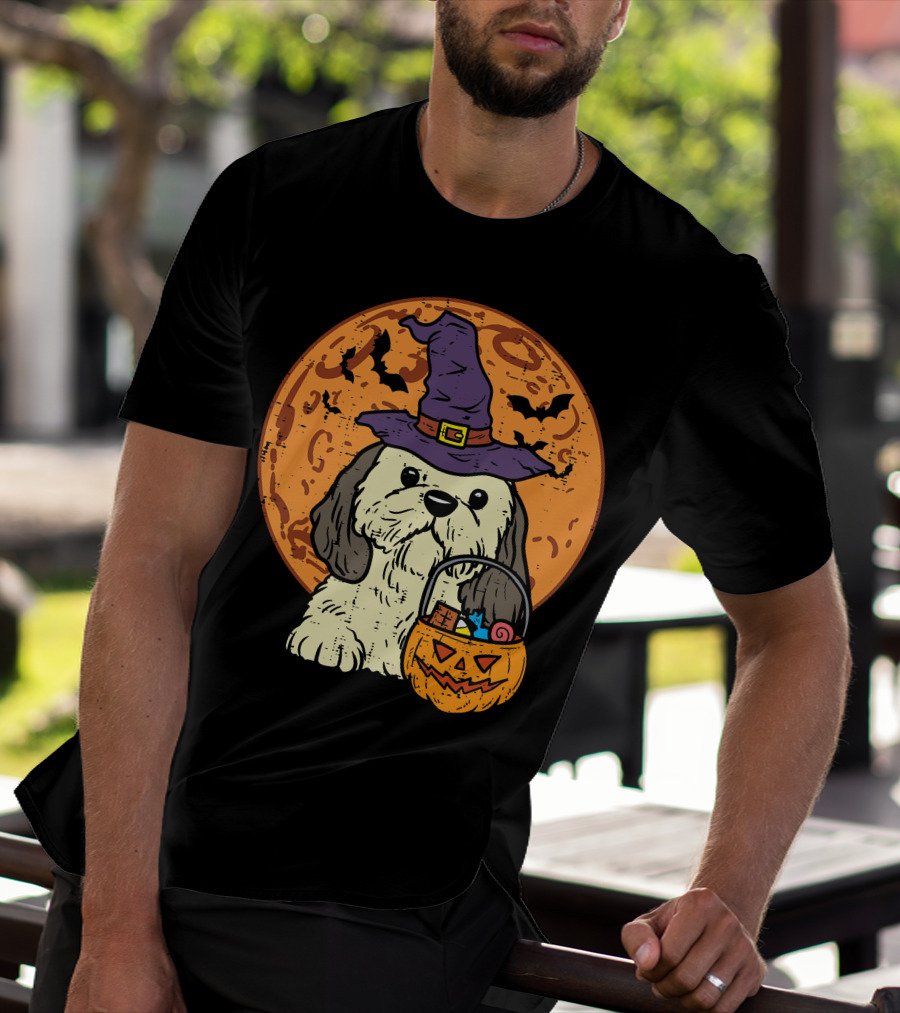 Shih Tzu Witch Hat Moon Jack O Lantern Halloween Dog T-Shirt