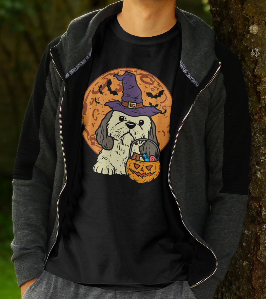Shih Tzu Witch Hat Moon Jack O Lantern Halloween Dog T-Shirt