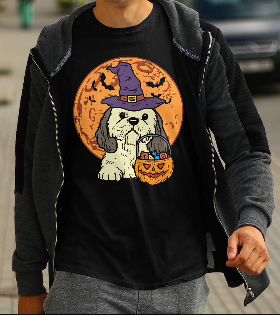 Shih Tzu Witch Hat Moon Jack O Lantern Halloween Dog T-Shirt
