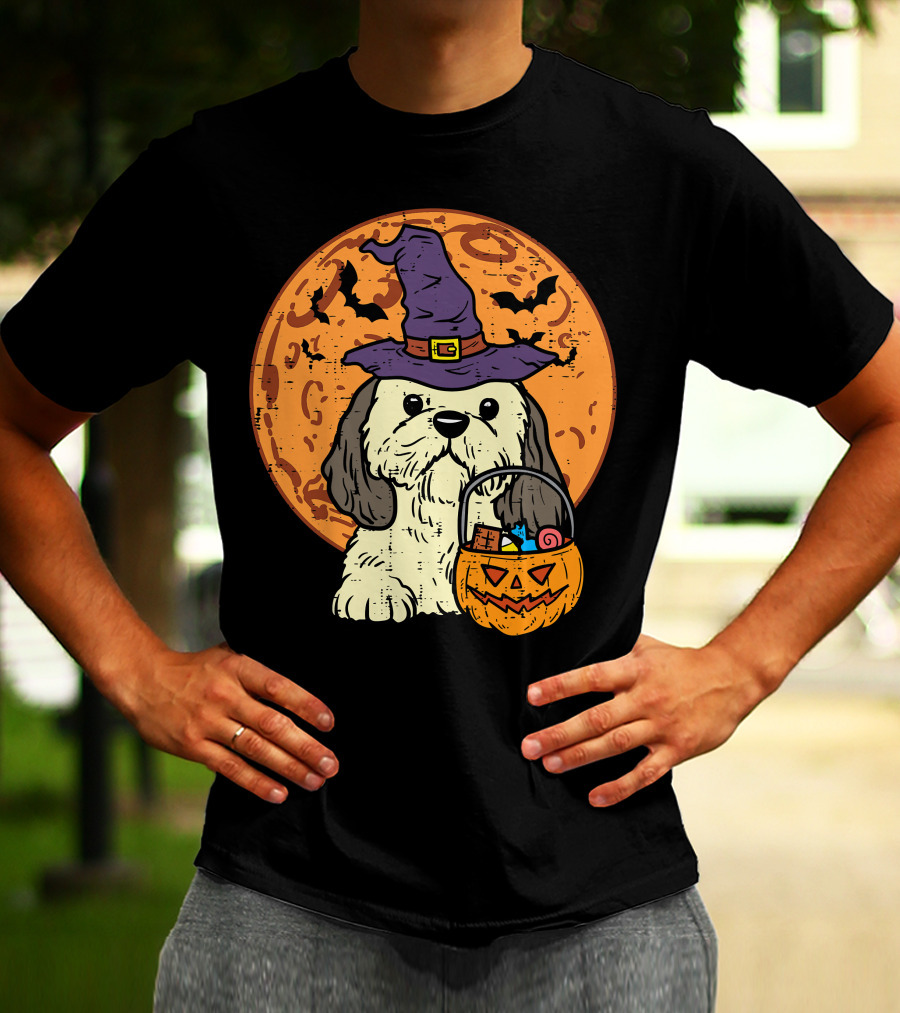 Shih Tzu Witch Hat Moon Jack O Lantern Halloween Dog T-Shirt