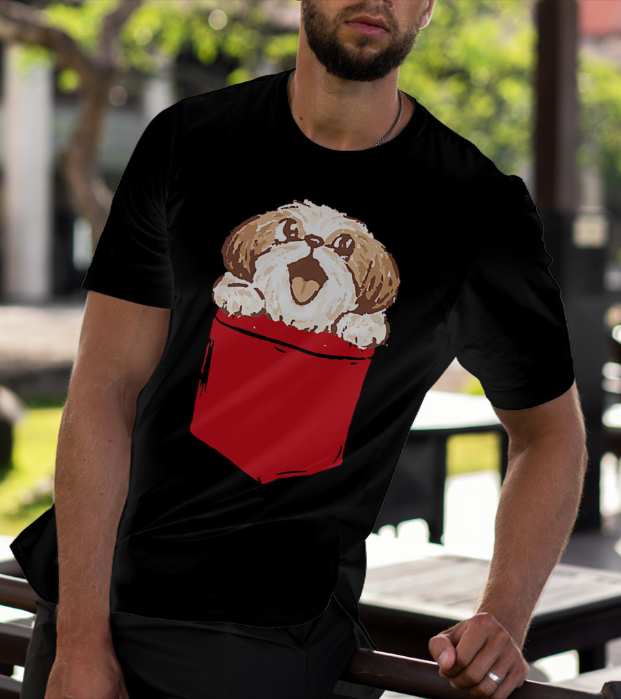 Shih-Tzu Puppy Dog Peeking Out Of Red Pocket T-Shirt