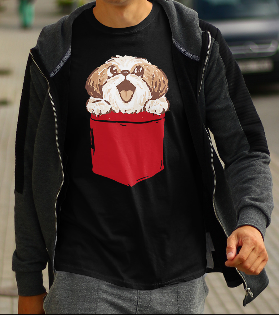 Shih-Tzu Puppy Dog Peeking Out Of Red Pocket T-Shirt