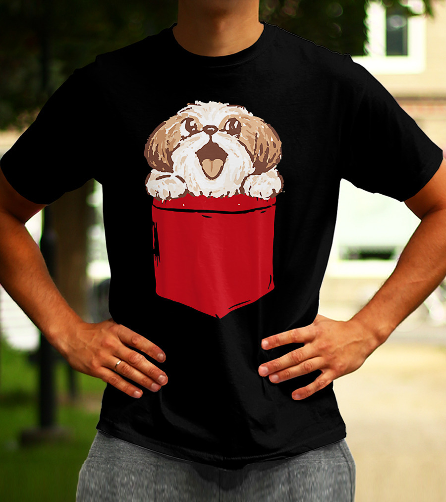 Shih-Tzu Puppy Dog Peeking Out Of Red Pocket T-Shirt