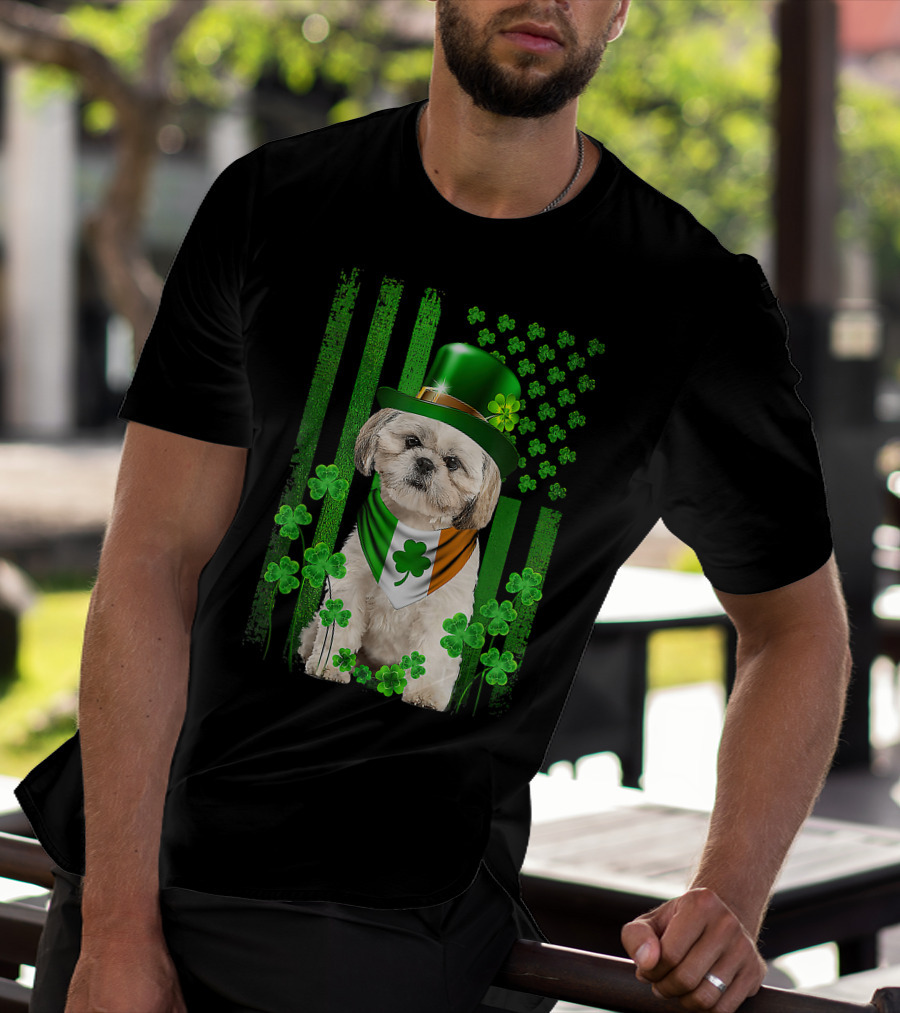 St Patrick's Day Shamrock Hat Shih Tzu With Irish Flag Scarf T-Shirt