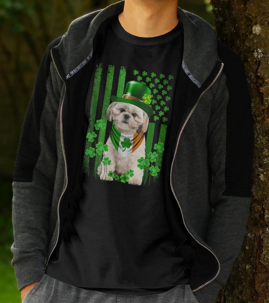 St Patrick's Day Shamrock Hat Shih Tzu With Irish Flag Scarf T-Shirt