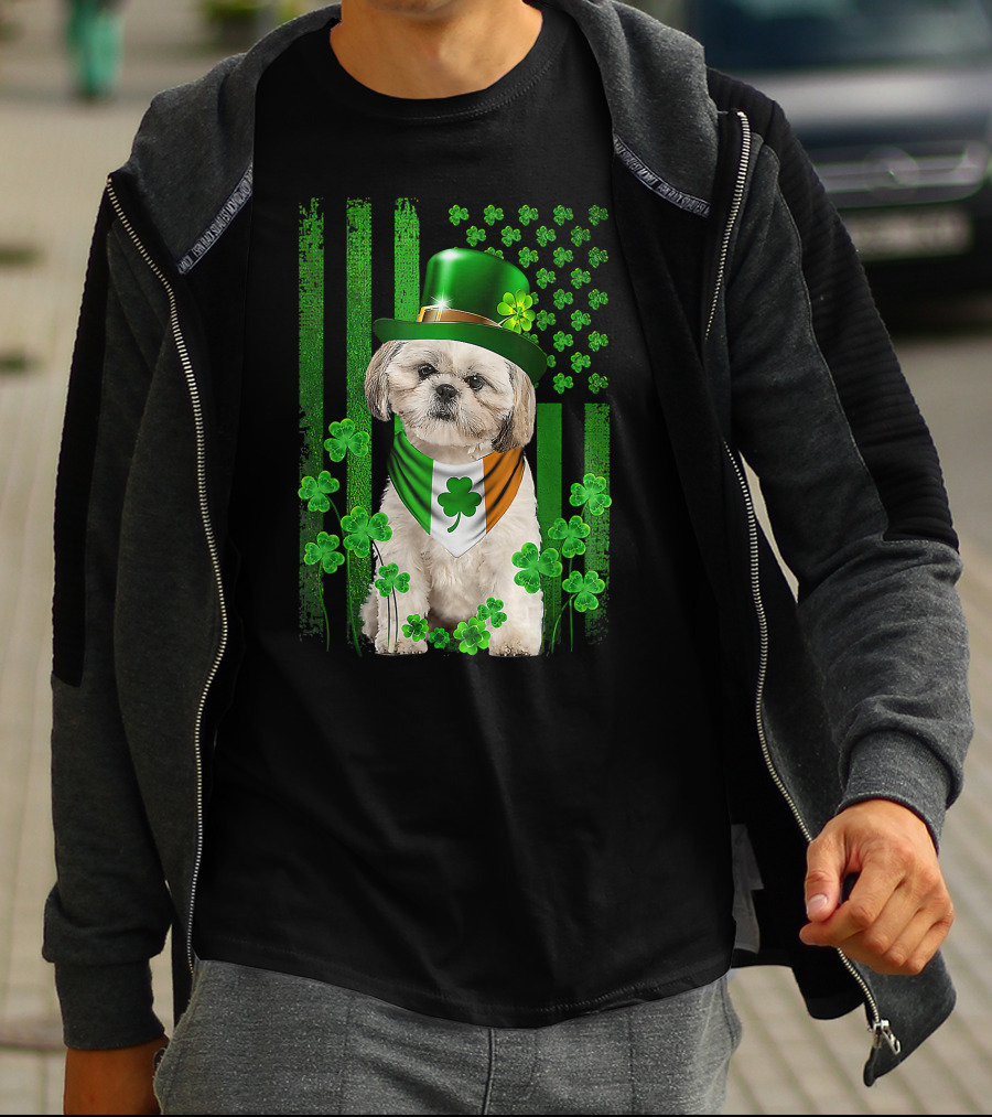 St Patrick's Day Shamrock Hat Shih Tzu With Irish Flag Scarf T-Shirt