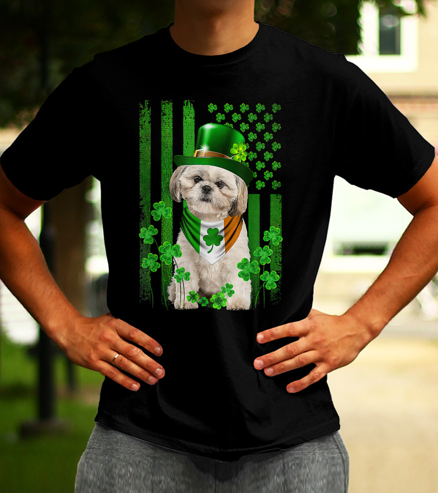 St Patrick's Day Shamrock Hat Shih Tzu With Irish Flag Scarf T-Shirt