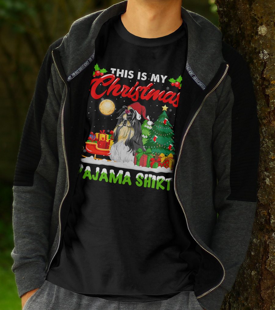 Christmas Pajama Shih Tzu Dog With Santa Hat And Presents T-Shirt