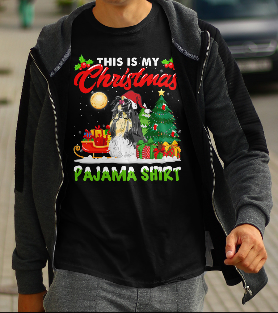 Christmas Pajama Shih Tzu Dog With Santa Hat And Presents T-Shirt