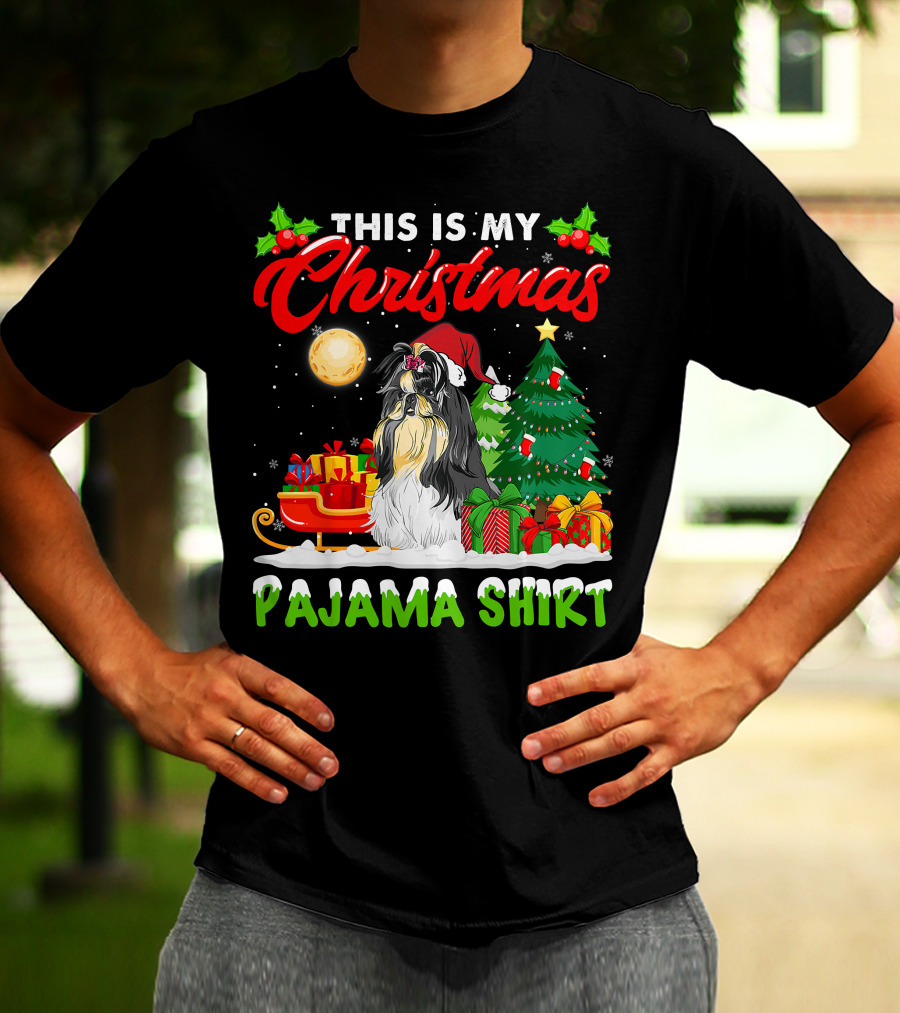Christmas Pajama Shih Tzu Dog With Santa Hat And Presents T-Shirt