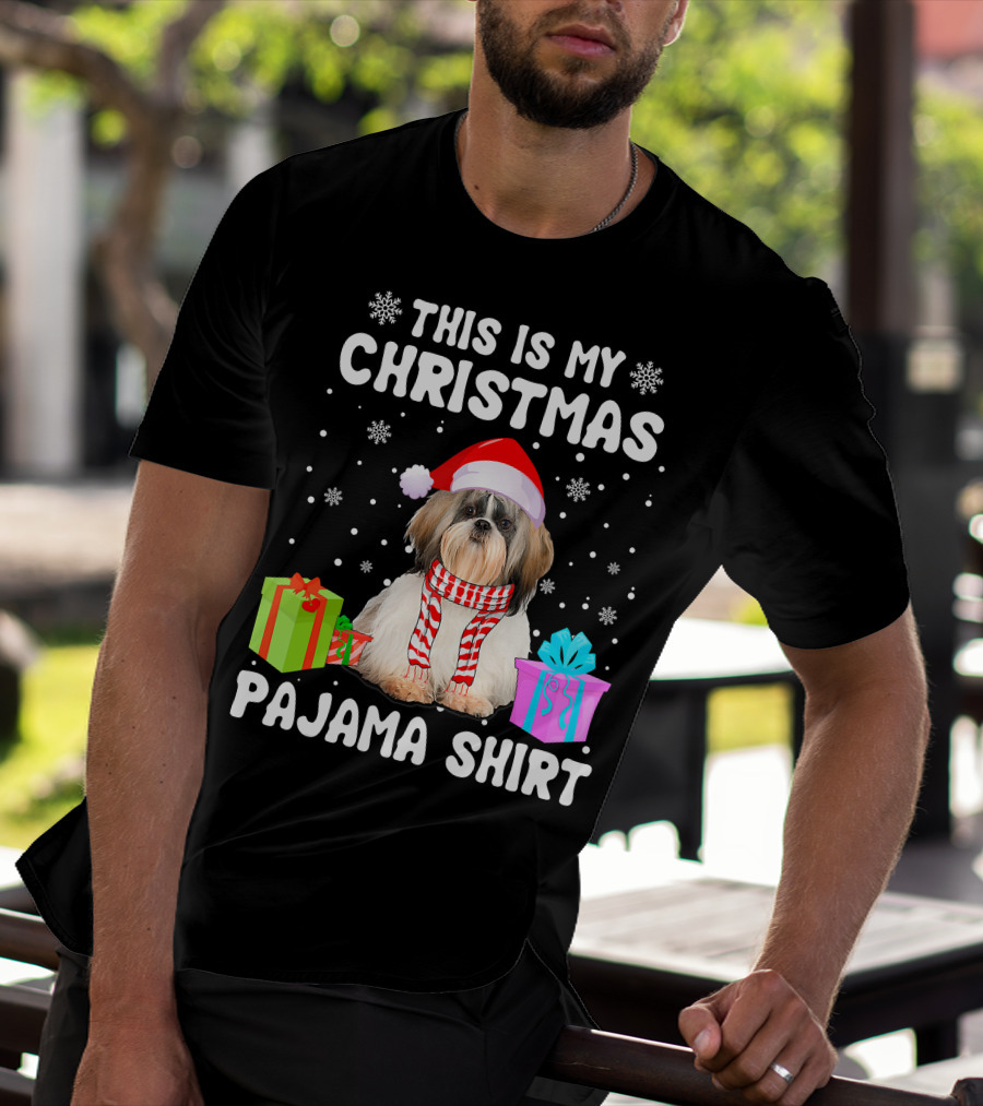 This Is My Christmas Shih Tzu Dog Pajama Puppy Love Santa Hat Presents T-Shirt