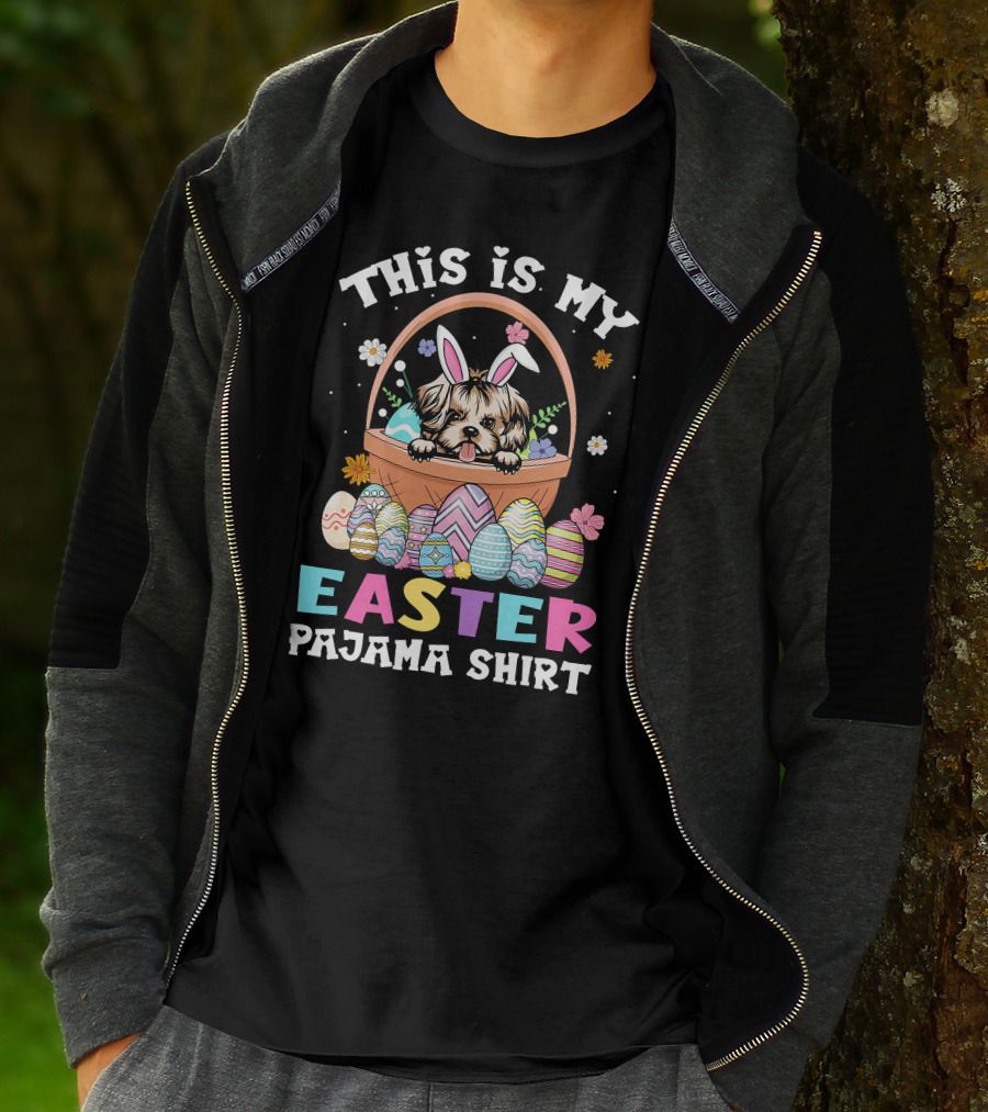 Easter Pajama Shih Tzu Bunny Dog Lover Basket With Colorful Eggs T-Shirt