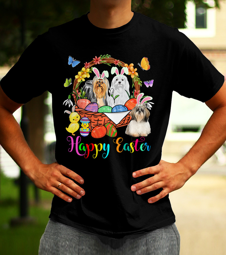 Happy Easter Three Bunny Shih Tzu Dogs In Easter Eggs Basket With Butterflies And Flowers T-Shirt