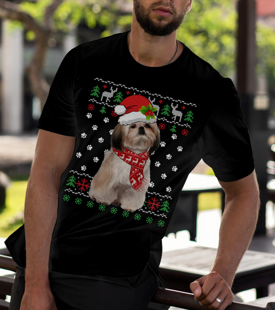 Christmas Shih Tzu Dog Puppy Ugly Sweater Santa Hat Reindeer Scarf T-Shirt
