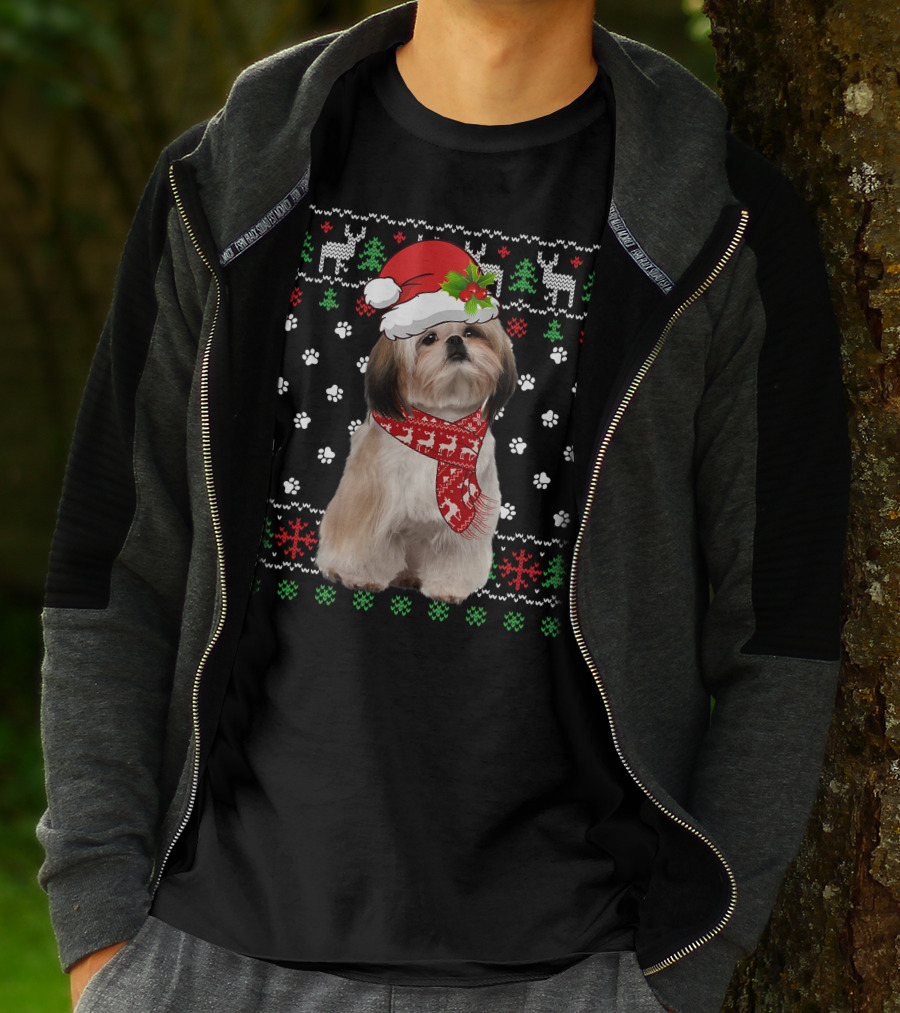 Christmas Shih Tzu Dog Puppy Ugly Sweater Santa Hat Reindeer Scarf T-Shirt