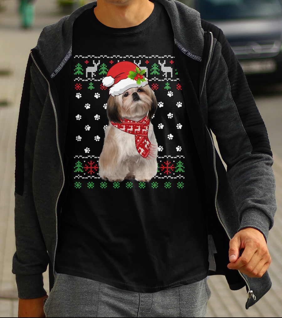 Christmas Shih Tzu Dog Puppy Ugly Sweater Santa Hat Reindeer Scarf T-Shirt