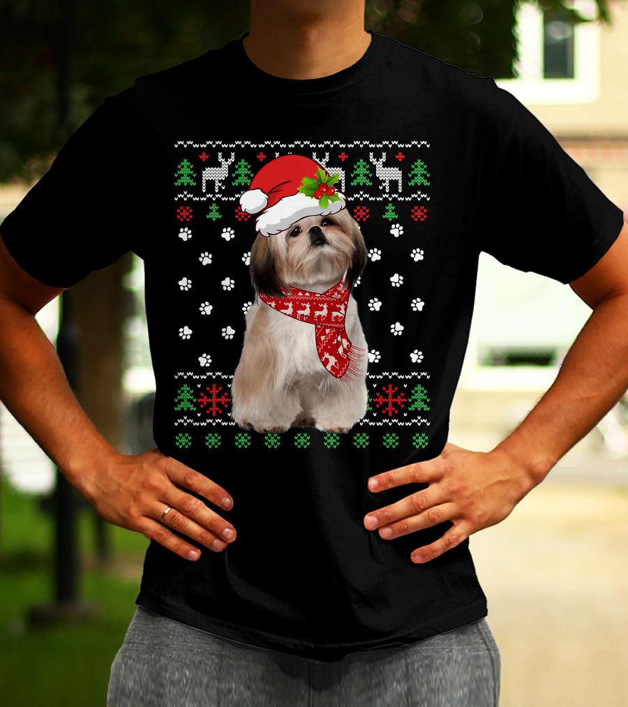 Christmas Shih Tzu Dog Puppy Ugly Sweater Santa Hat Reindeer Scarf T-Shirt