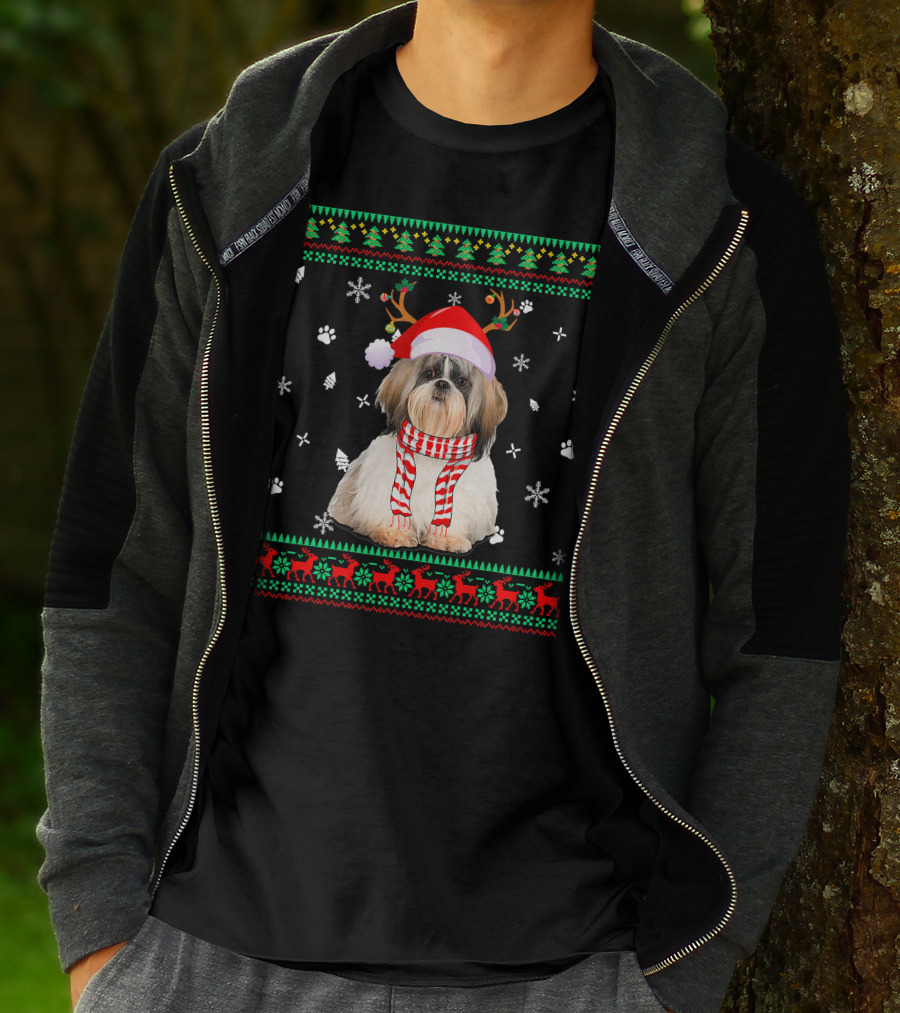 Ugly Sweater Christmas Shih Tzu Dog Santa Reindeer Hat Scarf Festive T-Shirt