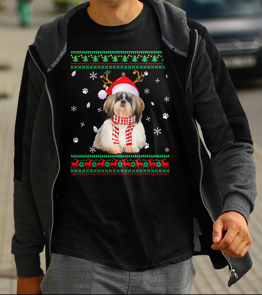 Ugly Sweater Christmas Shih Tzu Dog Santa Reindeer Hat Scarf Festive T-Shirt