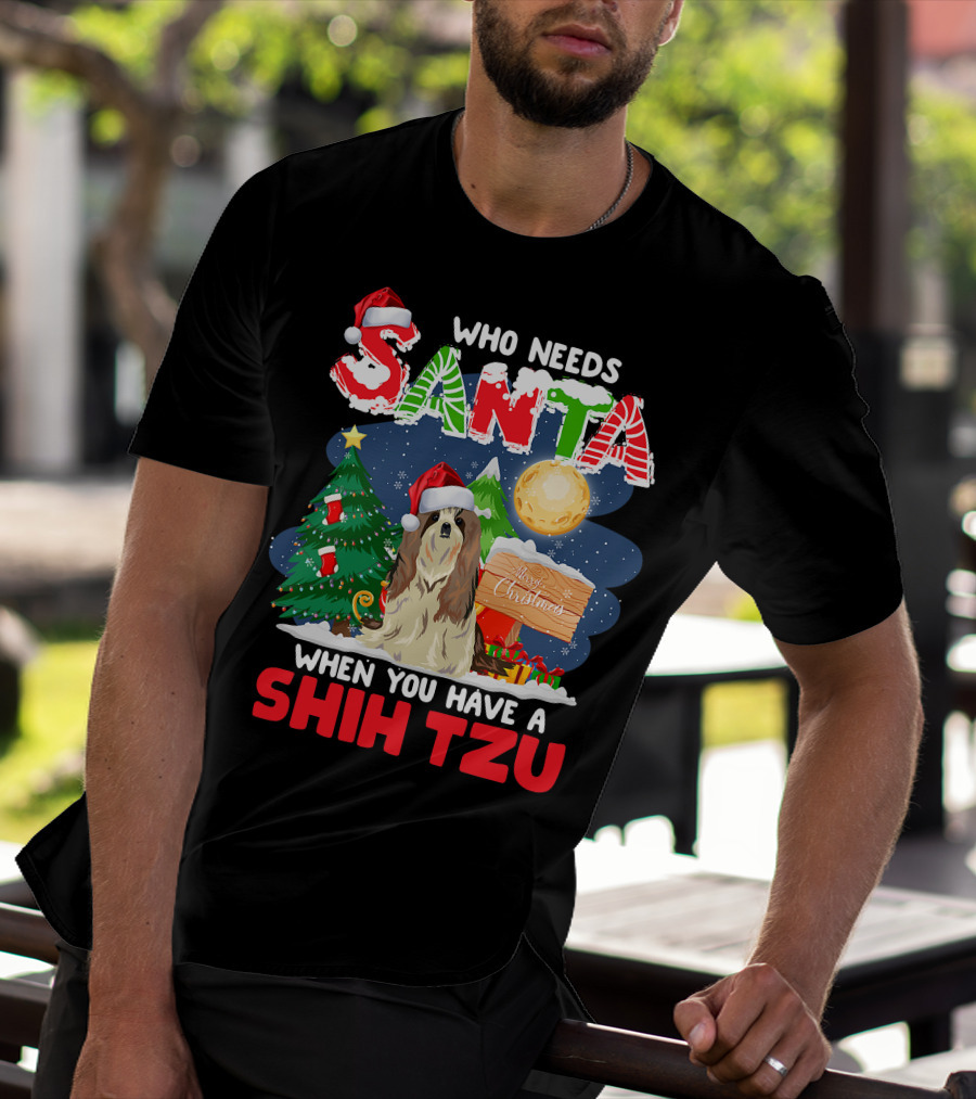 Santa Shih Tzu Merry Christmas Tree Moon Holiday T-Shirt
