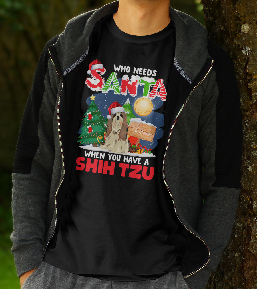 Santa Shih Tzu Merry Christmas Tree Moon Holiday T-Shirt