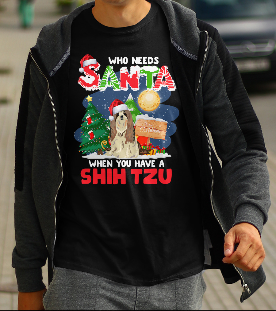 Santa Shih Tzu Merry Christmas Tree Moon Holiday T-Shirt