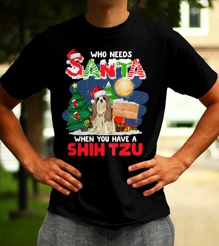 Santa Shih Tzu Merry Christmas Tree Moon Holiday T-Shirt