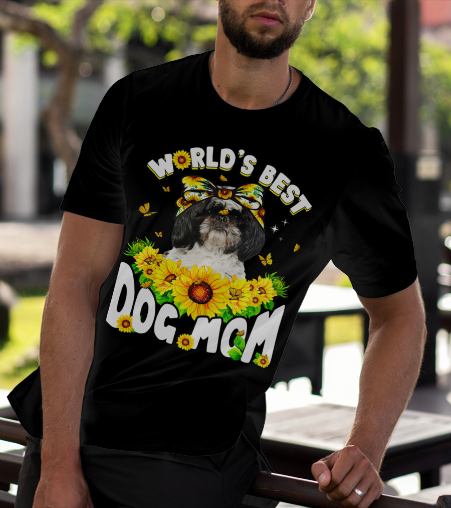 World's Best Shih Tzu Dog Mom Sunflowers And Butterflies T-Shirt