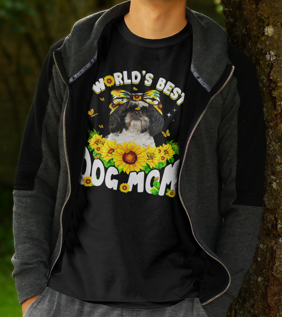 World's Best Shih Tzu Dog Mom Sunflowers And Butterflies T-Shirt