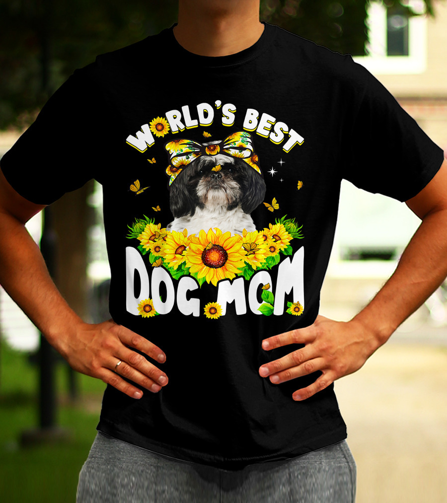 World's Best Shih Tzu Dog Mom Sunflowers And Butterflies T-Shirt
