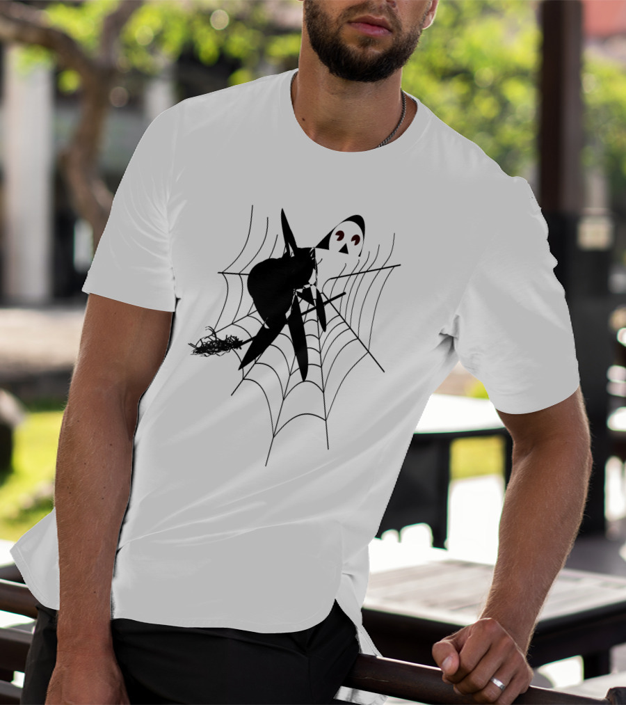 The Witch's House Spiderweb Logo Black Cat And Broomstick Silhouette Halloween T-Shirt