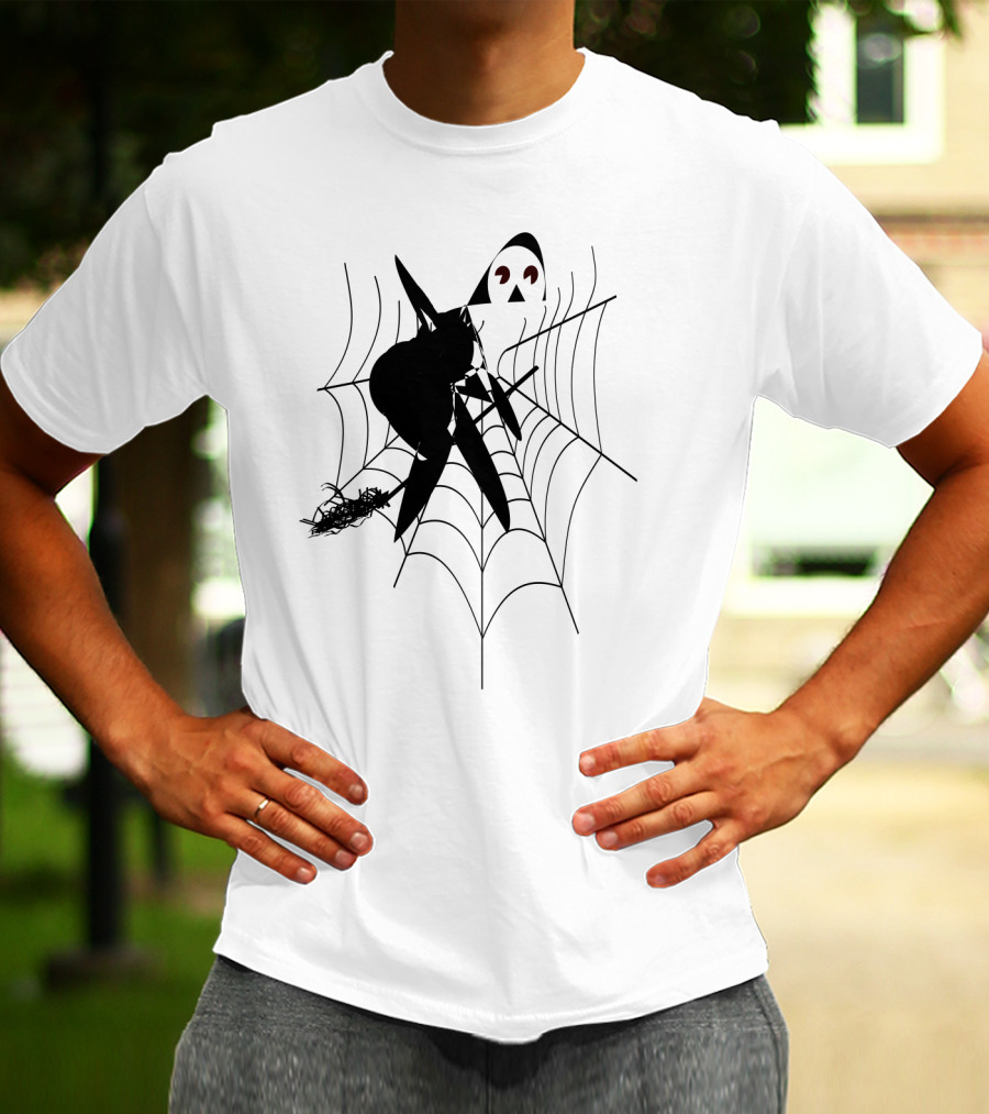The Witch's House Spiderweb Logo Black Cat And Broomstick Silhouette Halloween T-Shirt