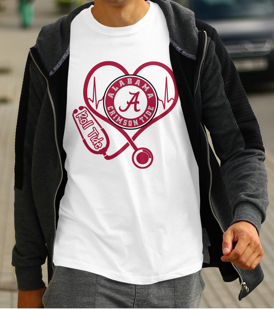 Alabama Crimson Tide Nurse Roll Tide Heartbeat Stethoscope T-Shirt