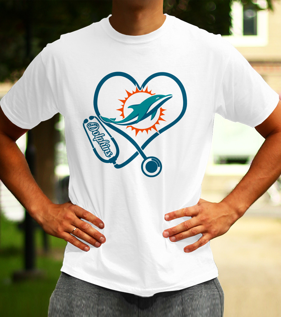 Nurse Heartbeat Miami Dolphins Stethoscope T-Shirt